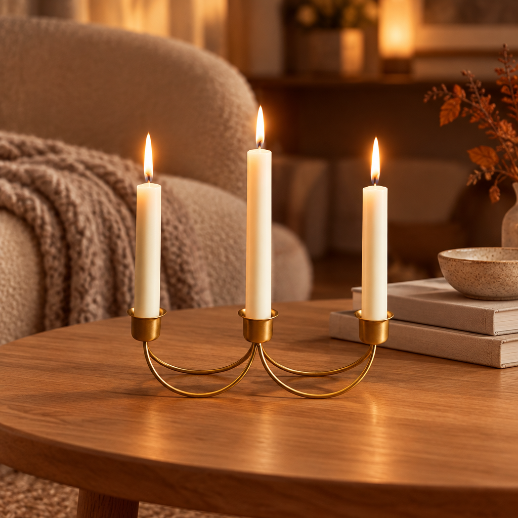 Gold taper candle holder for three candles on an oak coffee table in a cosy living room