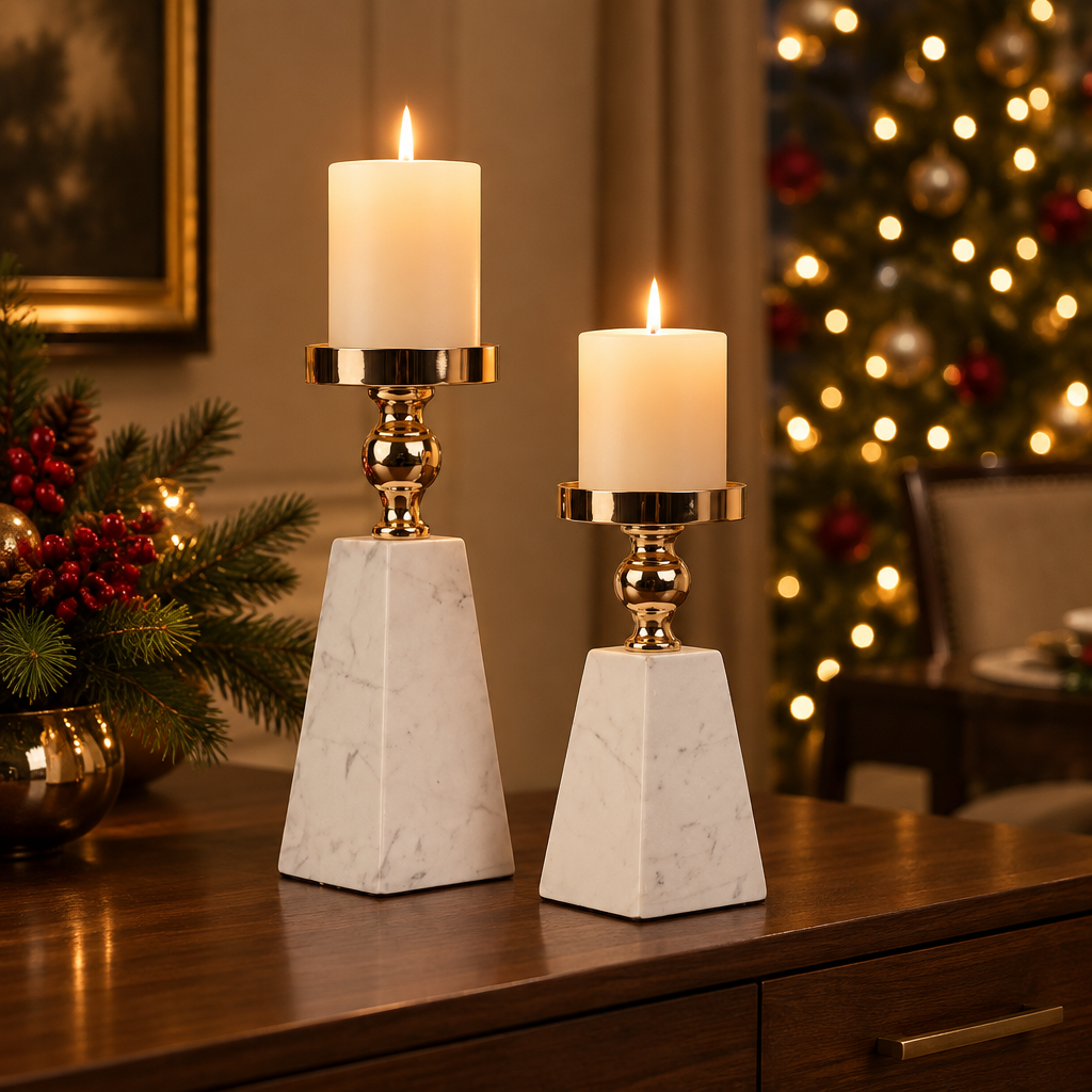 Pyramid marble and gold candle holders on a dining sideboard beside a Christmas tree