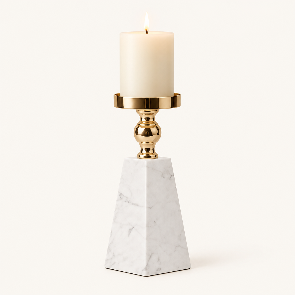 Pyramid marble and gold pillar candle holder, size L, with a lit ivory candle on a warm off-white background