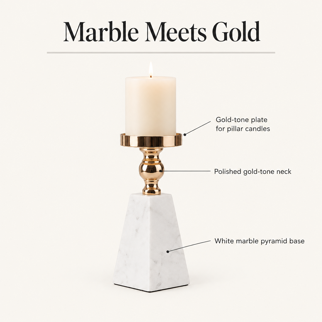 Pyramid candle holder features: gold-tone pillar plate, polished neck, white marble base