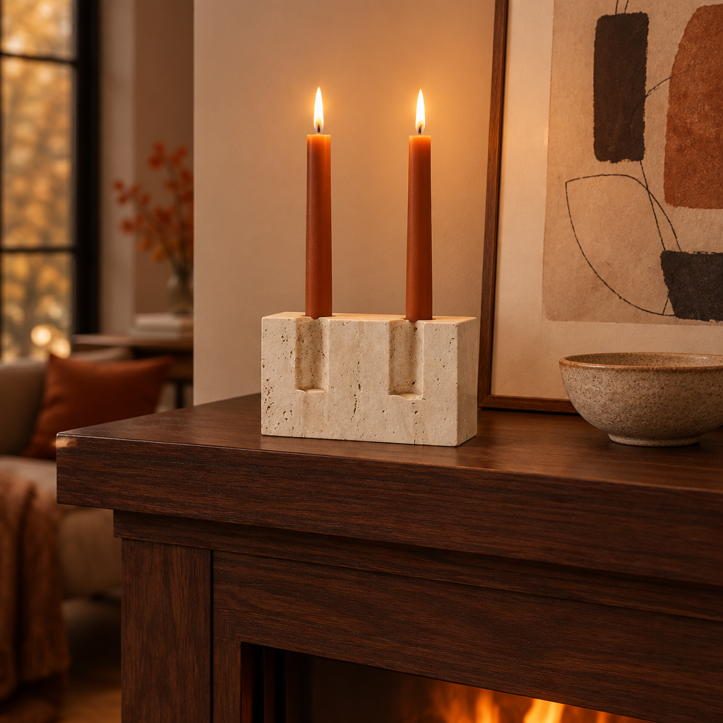 Polished travertine two-taper candle stand with terracotta candles on a walnut mantel