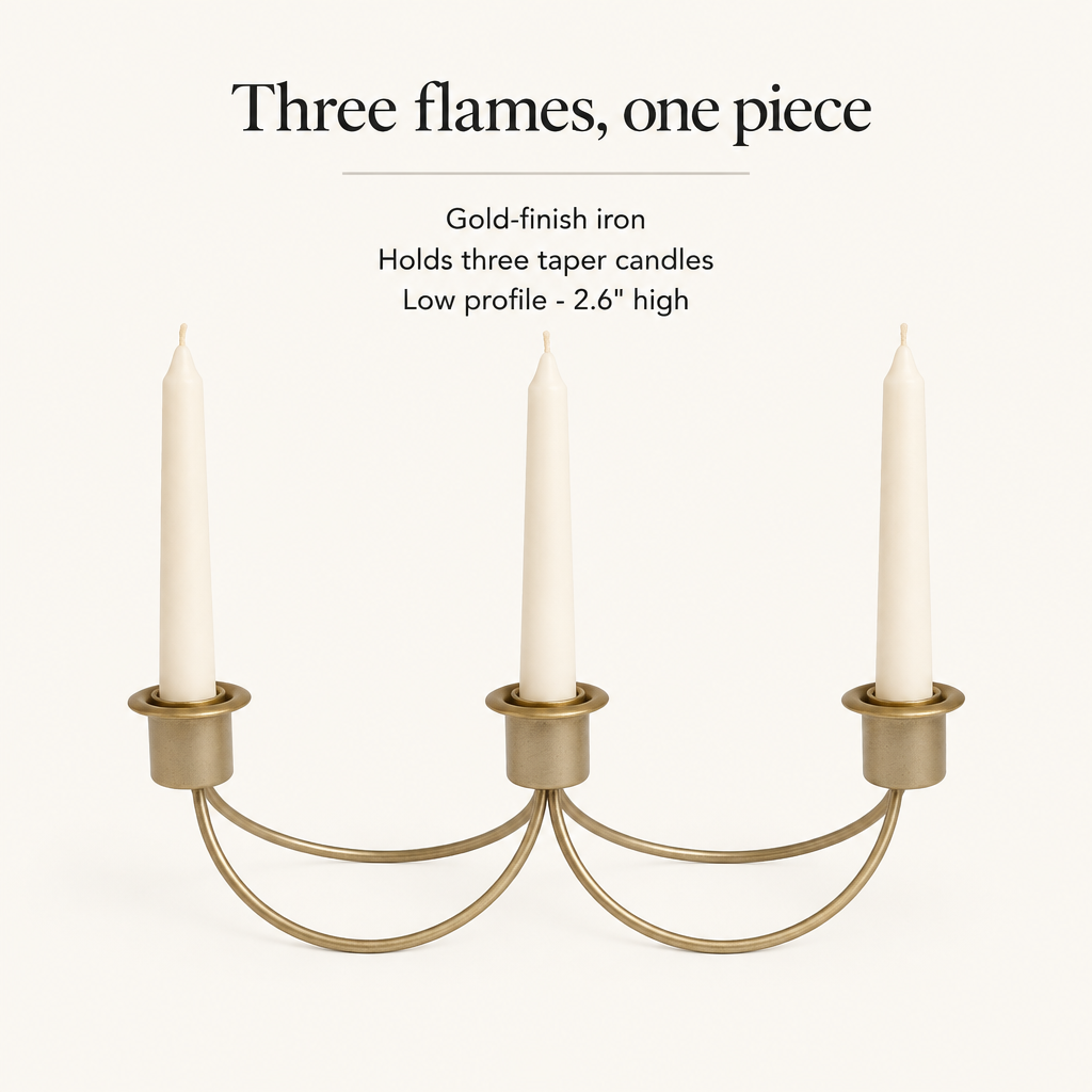 Gold-finish iron holder for three taper candles, low profile 2.6 in high
