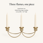 Gold-finish iron holder for three taper candles, low profile 2.6 in high