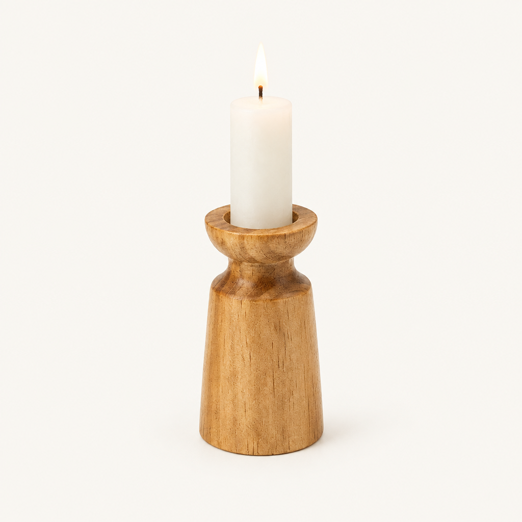 Small carved wooden pillar candle holder, 3.9 inches tall, with a lit white pillar candle
