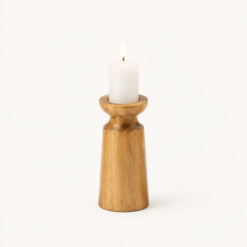 Medium carved wooden pillar candle holder, 5.9 inches tall, with a lit white pillar candle
