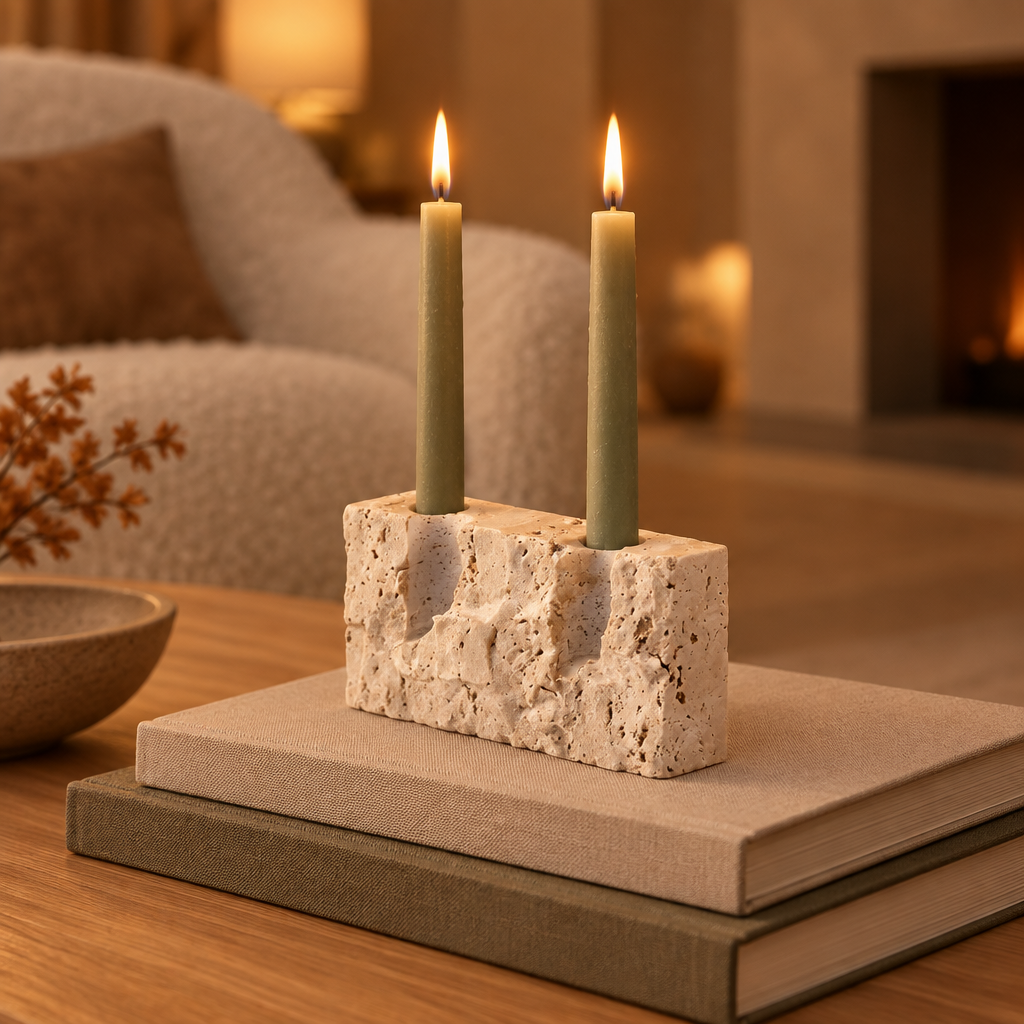 Raw travertine candle stand with sage taper candles on a stack of books on a coffee table