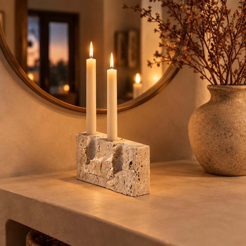 Raw travertine candle stand on an entryway console under an arched mirror at dusk