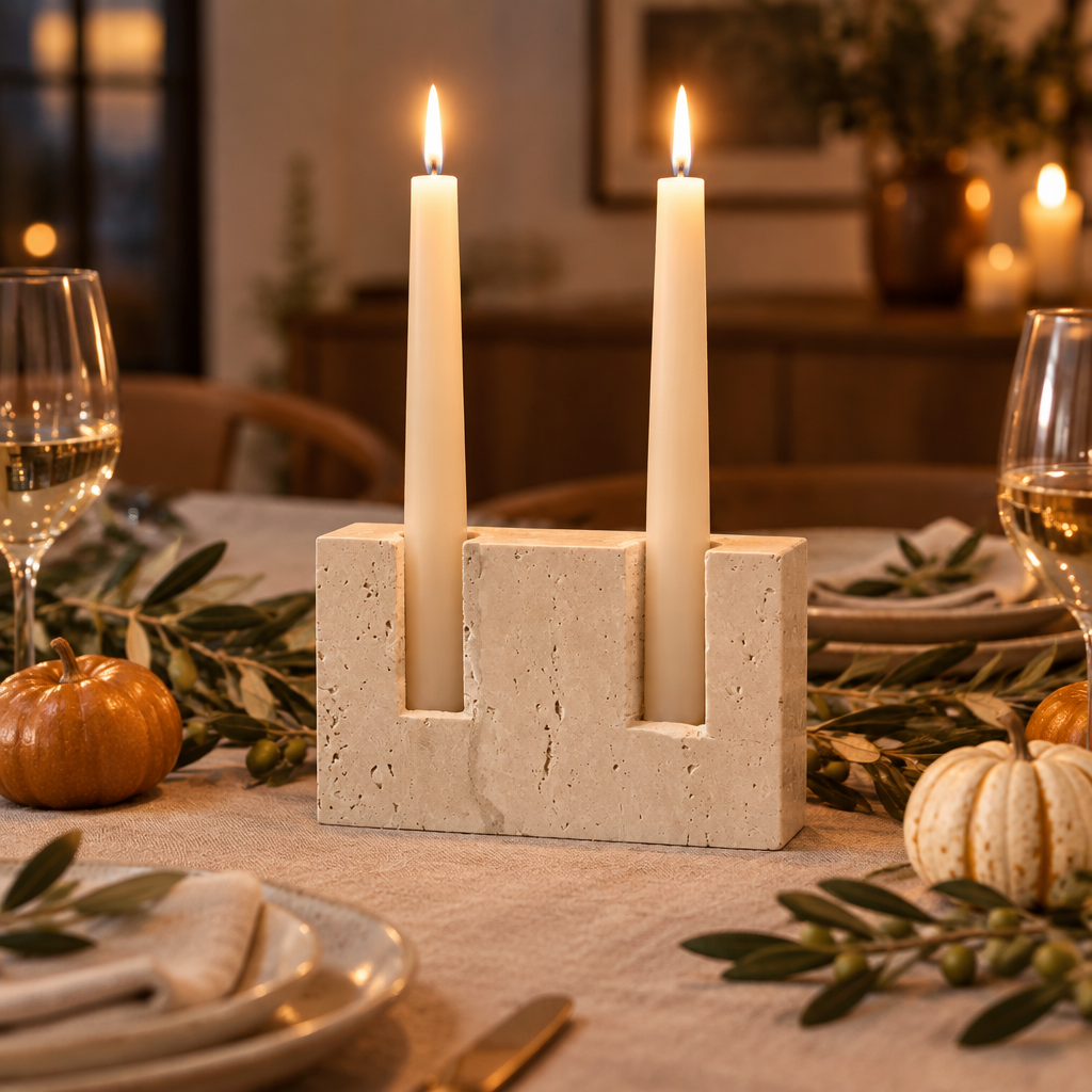 Polished travertine candle stand as a Thanksgiving table centrepiece with olive branches