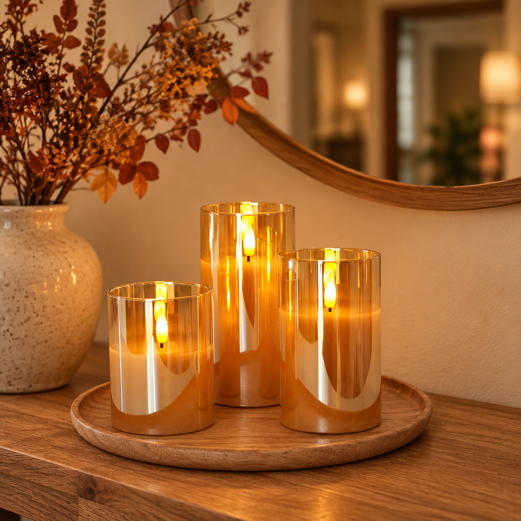 Honey Tint flameless candles on an oak entryway console table