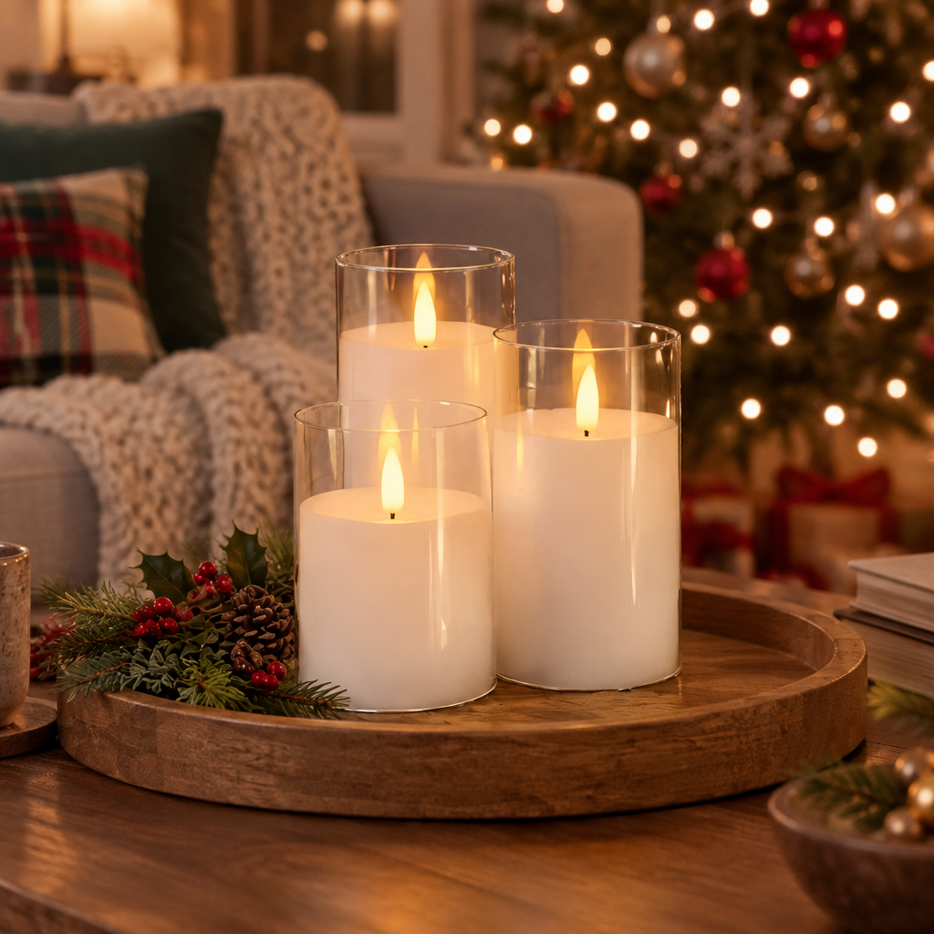 Crystal White flameless candles on a coffee table tray at Christmas