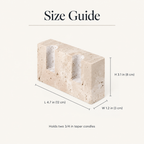 Travertine candle stand size guide: 4.7 in long, 1.2 in deep, 3.1 in high, holds two 3/4 in tapers