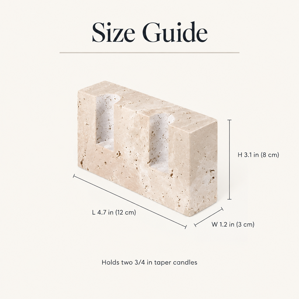 Travertine candle stand size guide: 4.7 in long, 1.2 in deep, 3.1 in high, holds two 3/4 in tapers
