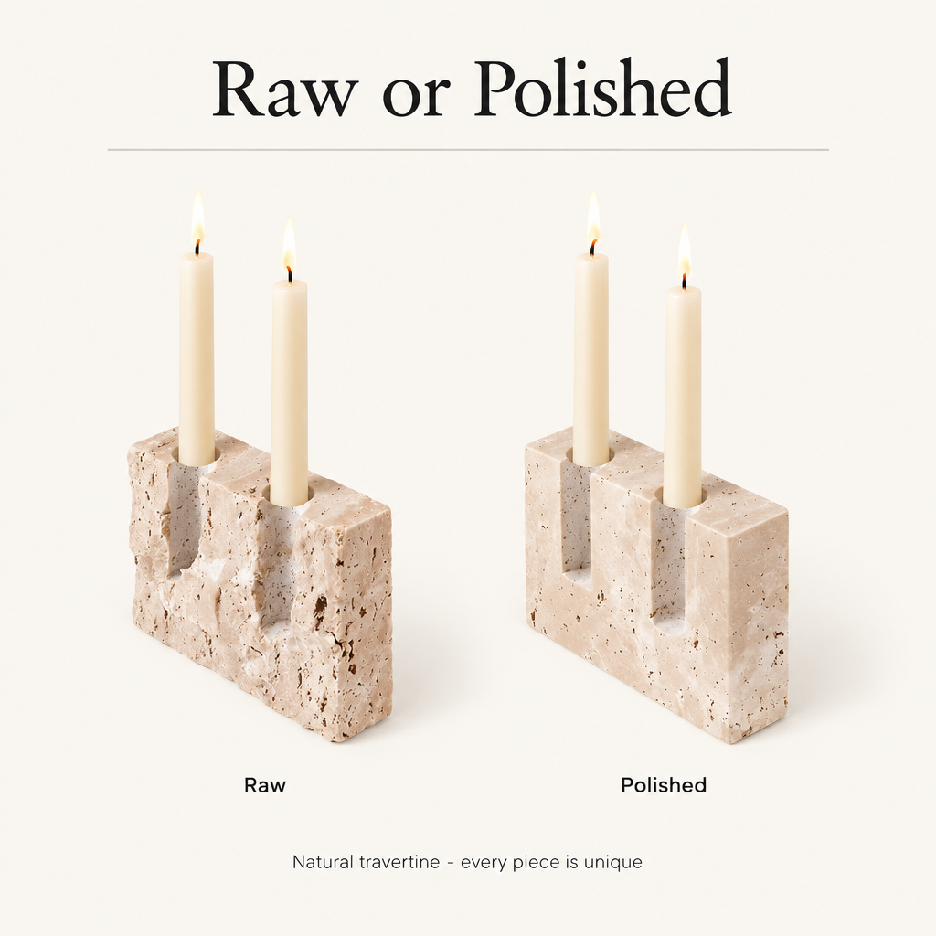 Raw and Polished travertine candle stands side by side, natural stone, each piece unique