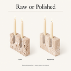 Raw and Polished travertine candle stands side by side, natural stone, each piece unique