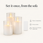 Remote control: flicker or steady flame, dimming, 2 to 8 hour daily timer