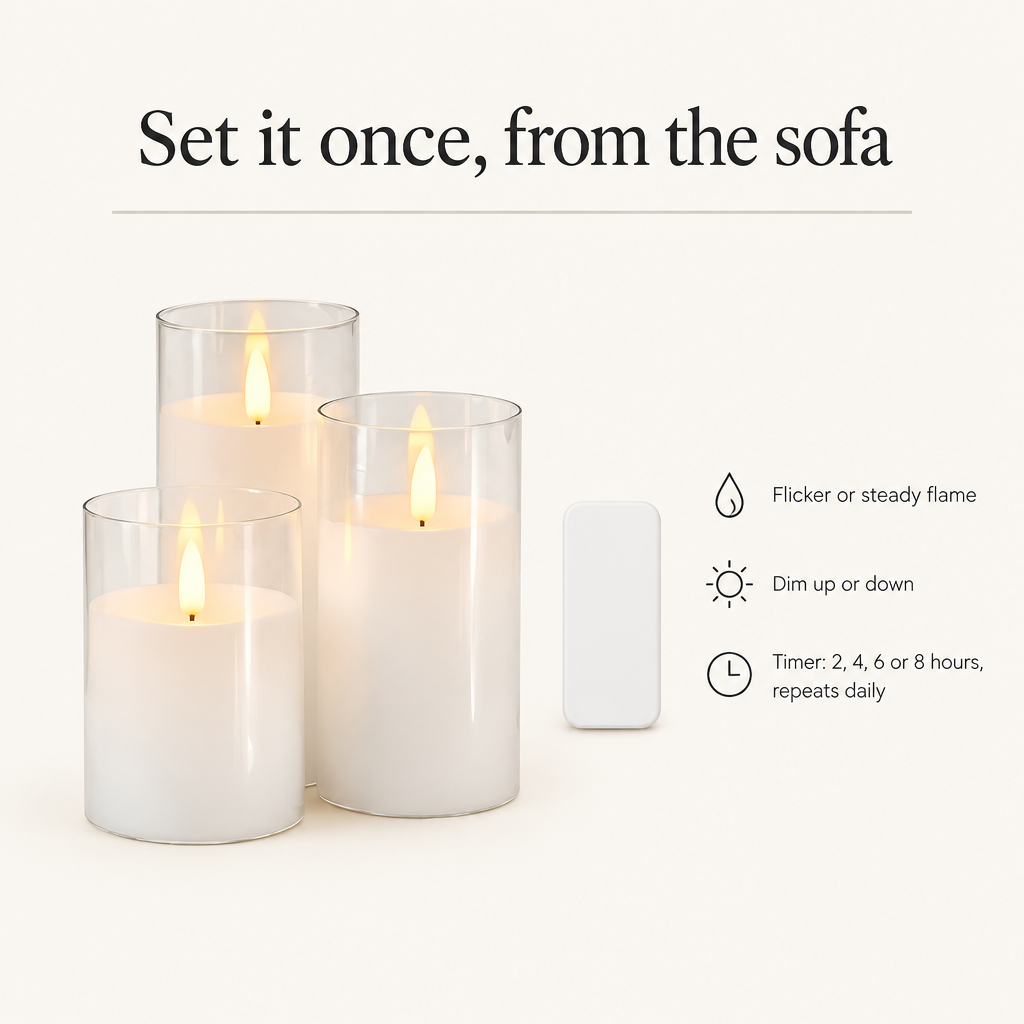 Remote control: flicker or steady flame, dimming, 2 to 8 hour daily timer