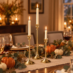 Gold taper candlesticks as a Thanksgiving table centrepiece with pumpkins
