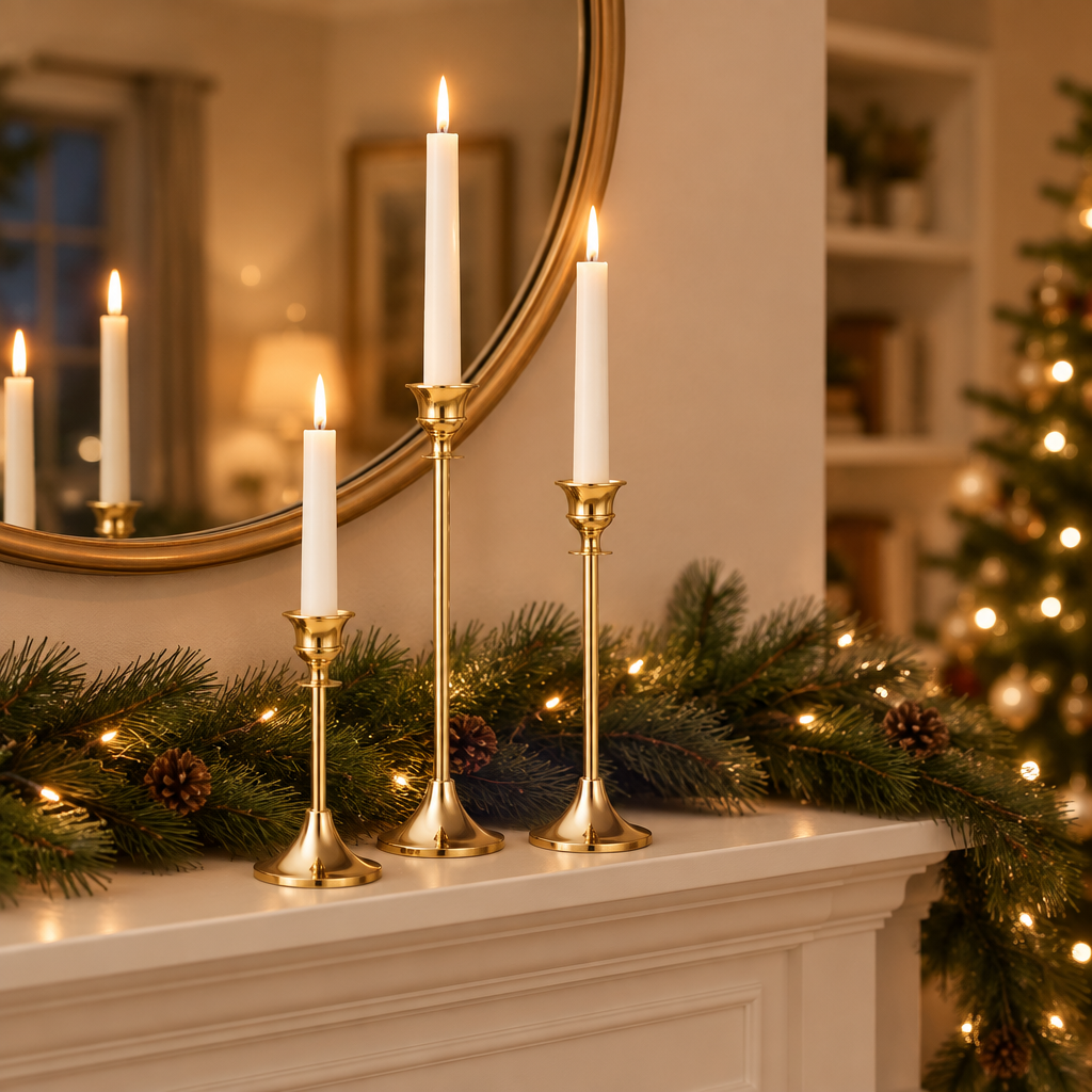 Gold taper candlesticks lit on a Christmas mantel with pine garland