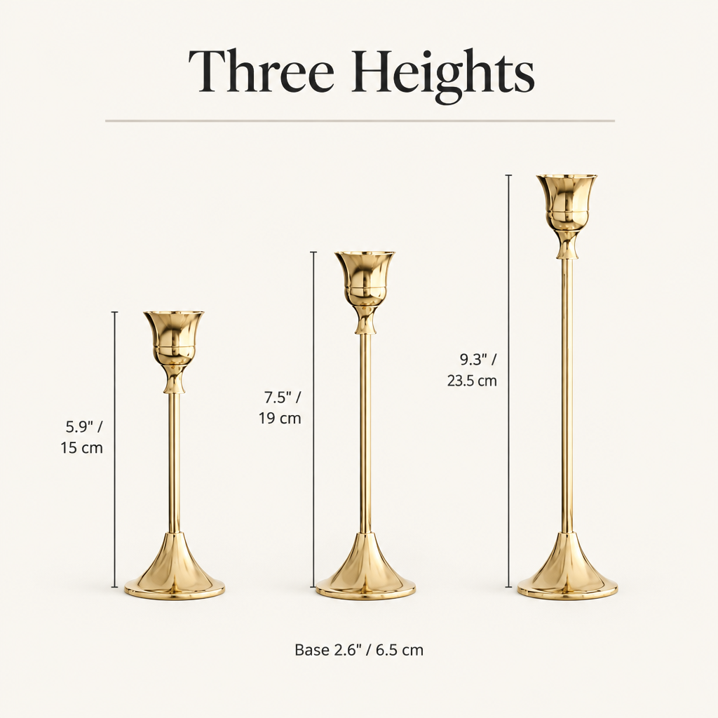 Candlestick heights: 5.9 in, 7.5 in and 9.3 in, base 2.6 in