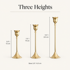 Candlestick heights: 5.9 in, 7.5 in and 9.3 in, base 2.6 in