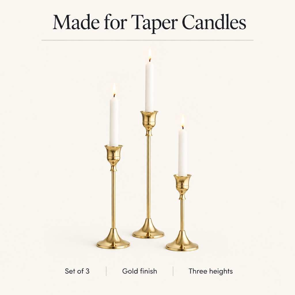 Set of 3 gold candlesticks made for taper candles