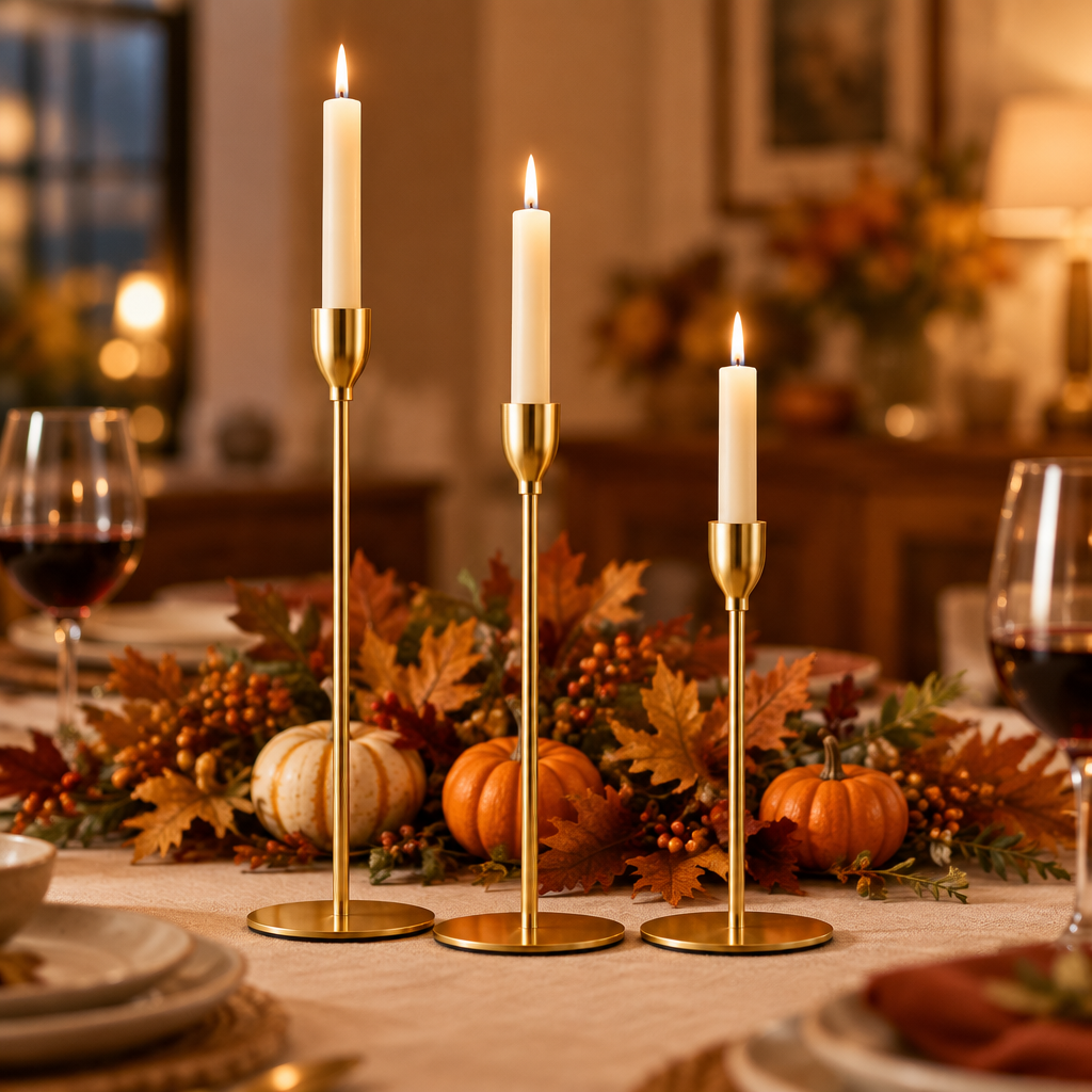 Gold taper candle holders as a Thanksgiving table centrepiece with pumpkins and autumn leaves