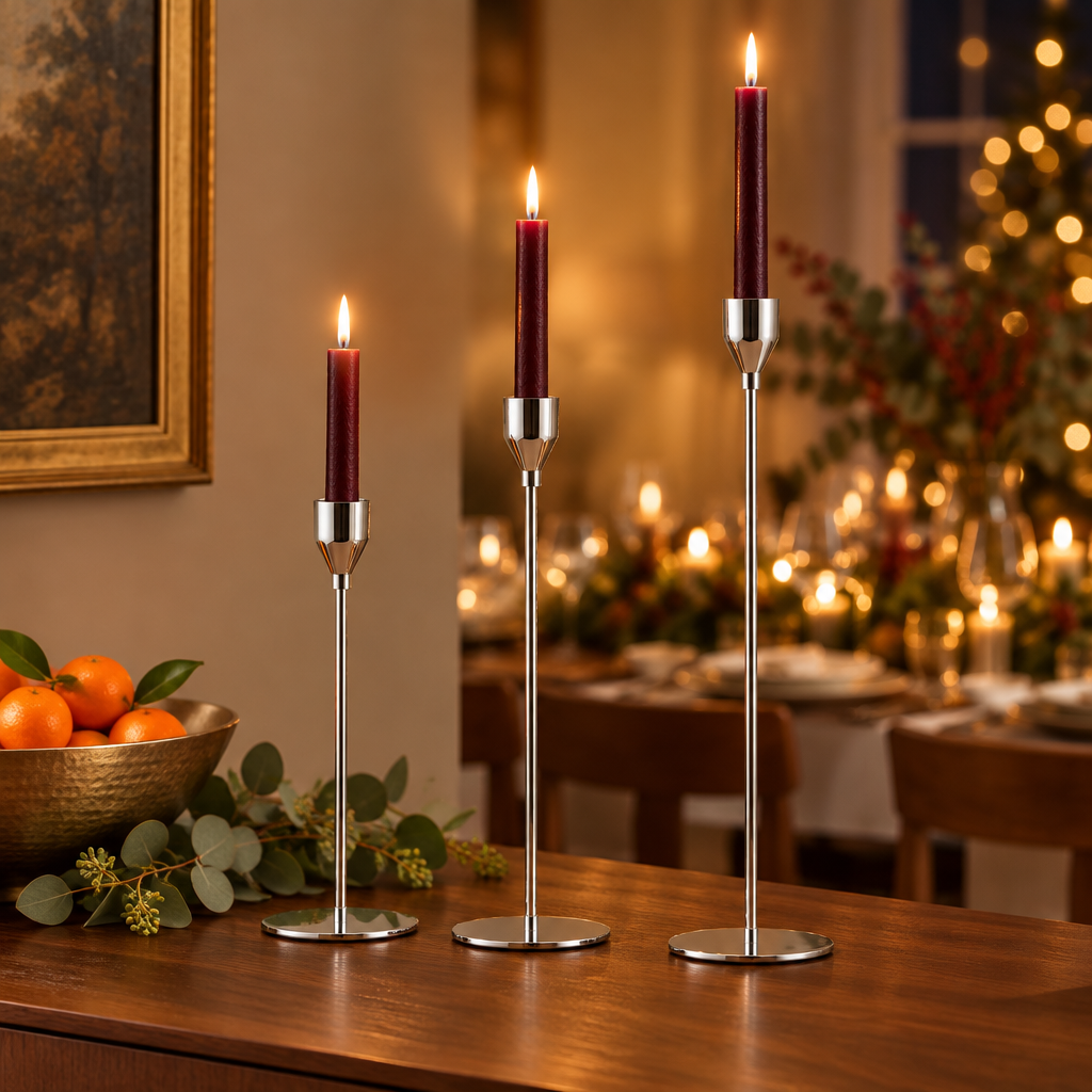 Silver taper candle holders with burgundy tapers on a dining sideboard at a holiday dinner