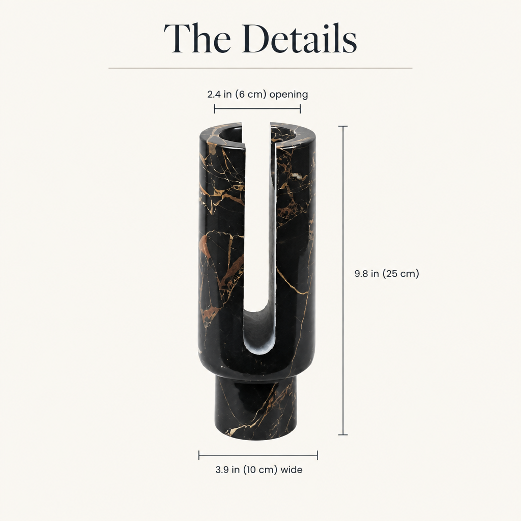 Eclipse candle holder dimensions: 9.8 in (25 cm) tall, 3.9 in (10 cm) wide, 2.4 in (6 cm) opening