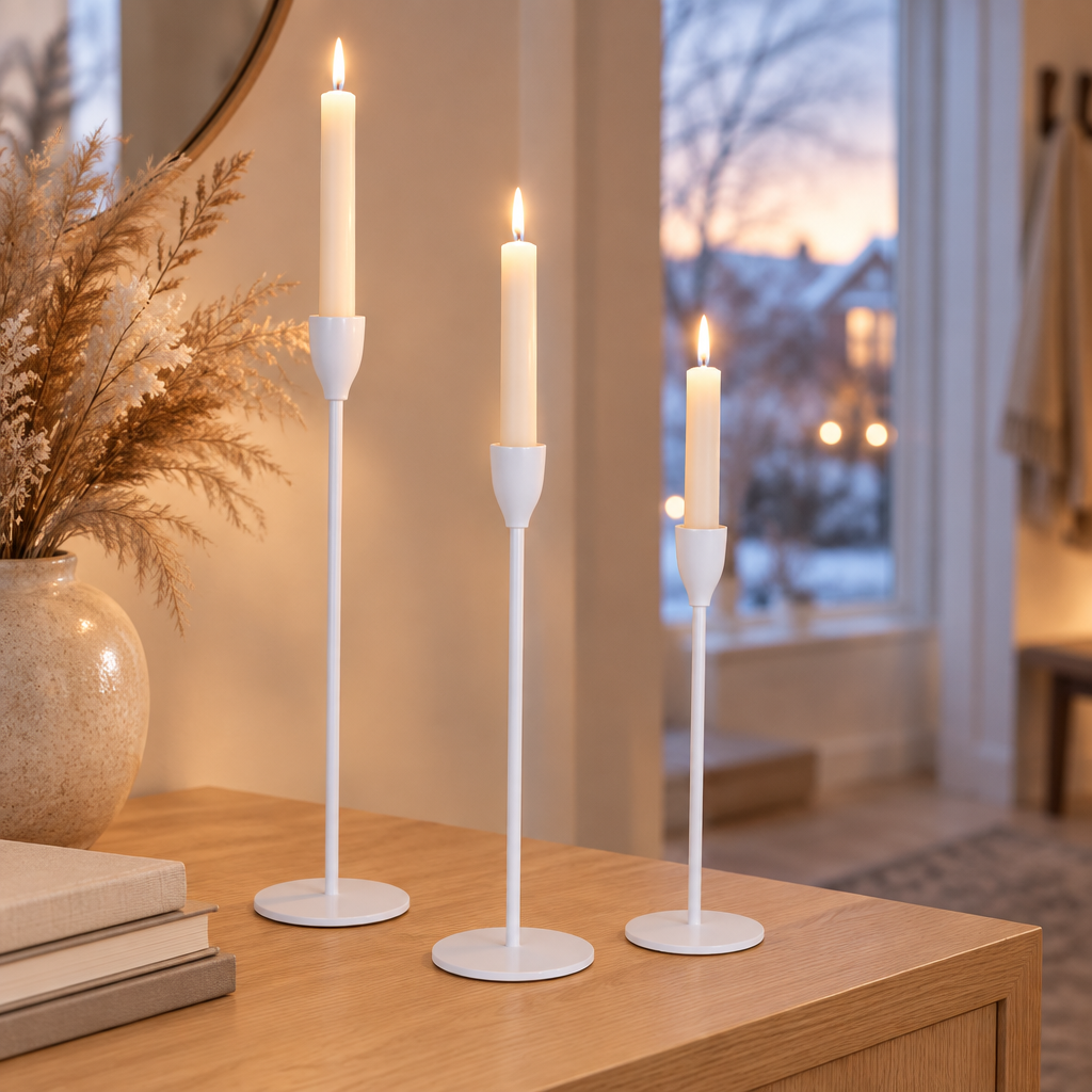 White taper candle holders on an oak console table in a Scandinavian entryway