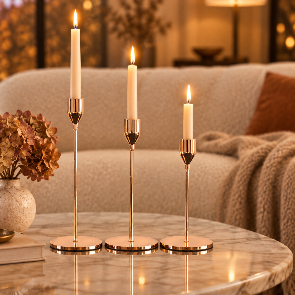 Rose gold taper candle holders on a marble coffee table in a cosy living room