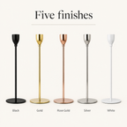 Metallic taper candle holders in five finishes: black, gold, rose gold, silver and white