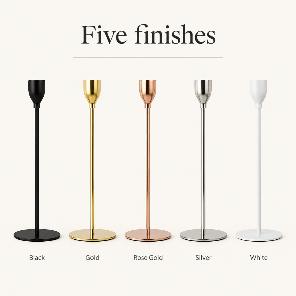 Metallic taper candle holders in five finishes: black, gold, rose gold, silver and white