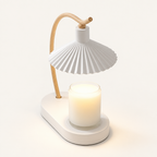 Lumière candle warmer lamp in Ivory Maple with white pleated shade and wood arm