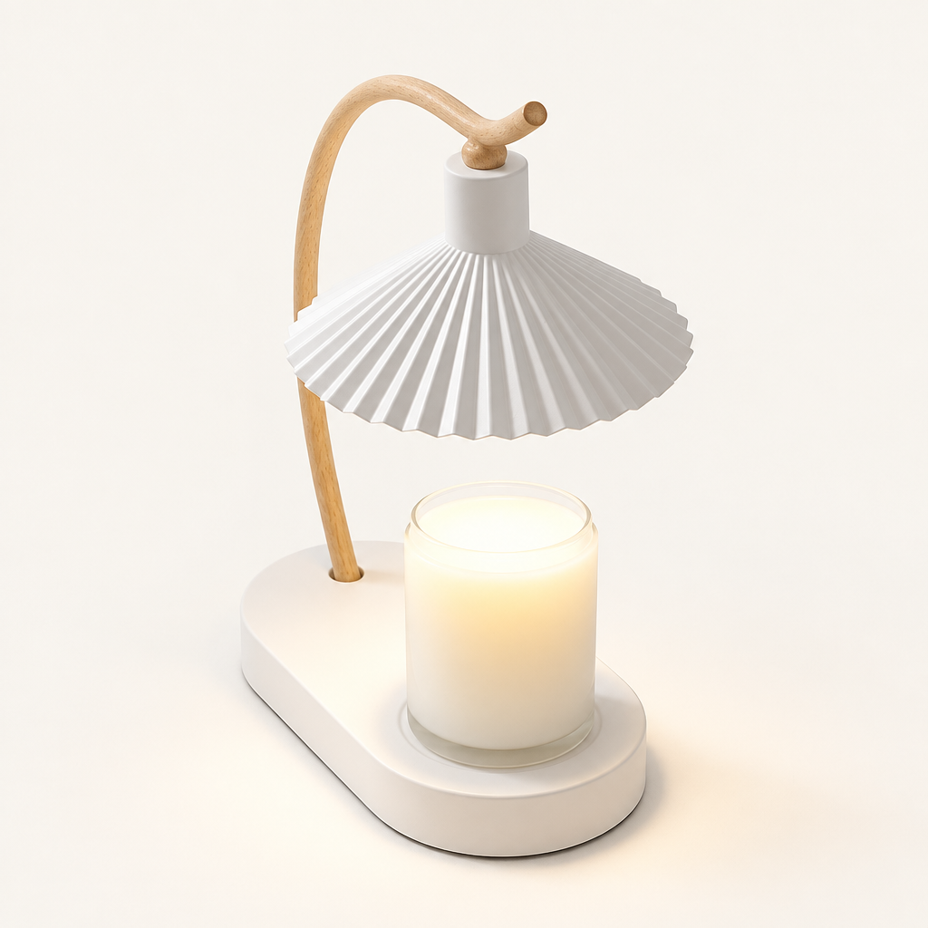 Lumière candle warmer lamp in Ivory Maple with white pleated shade and wood arm