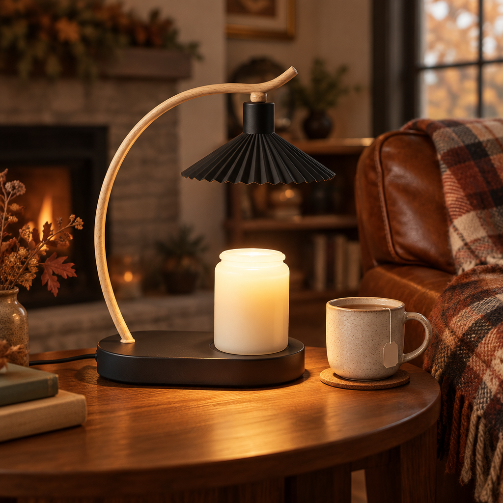 Ebony Oak candle warmer lamp on a living room side table in autumn