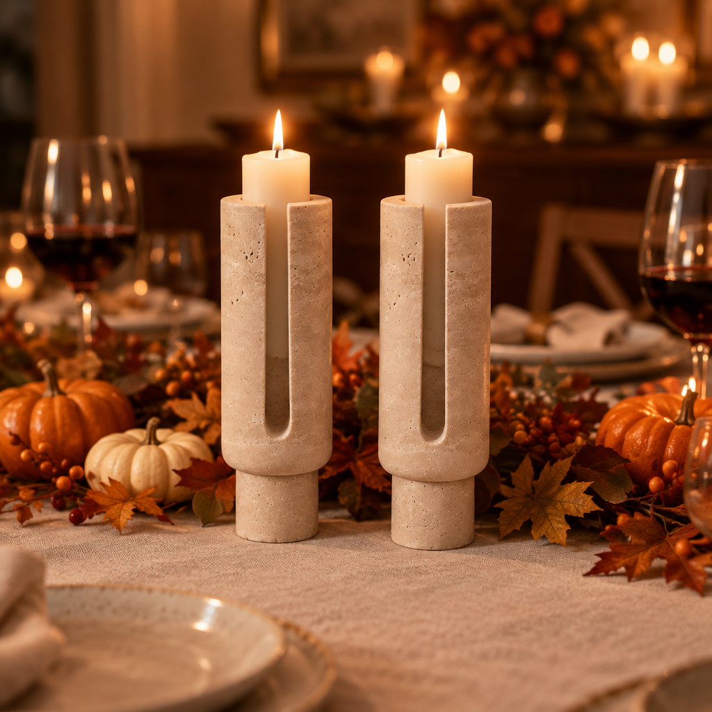 Two travertine Eclipse candle holders on a Thanksgiving table with pumpkins and autumn leaves