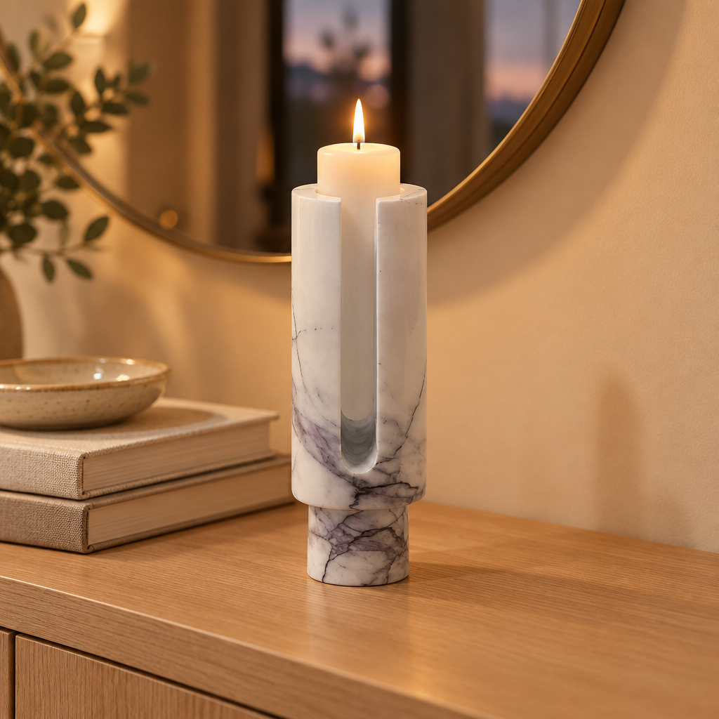 White marble Eclipse candle holder lit on an oak entryway console at dusk