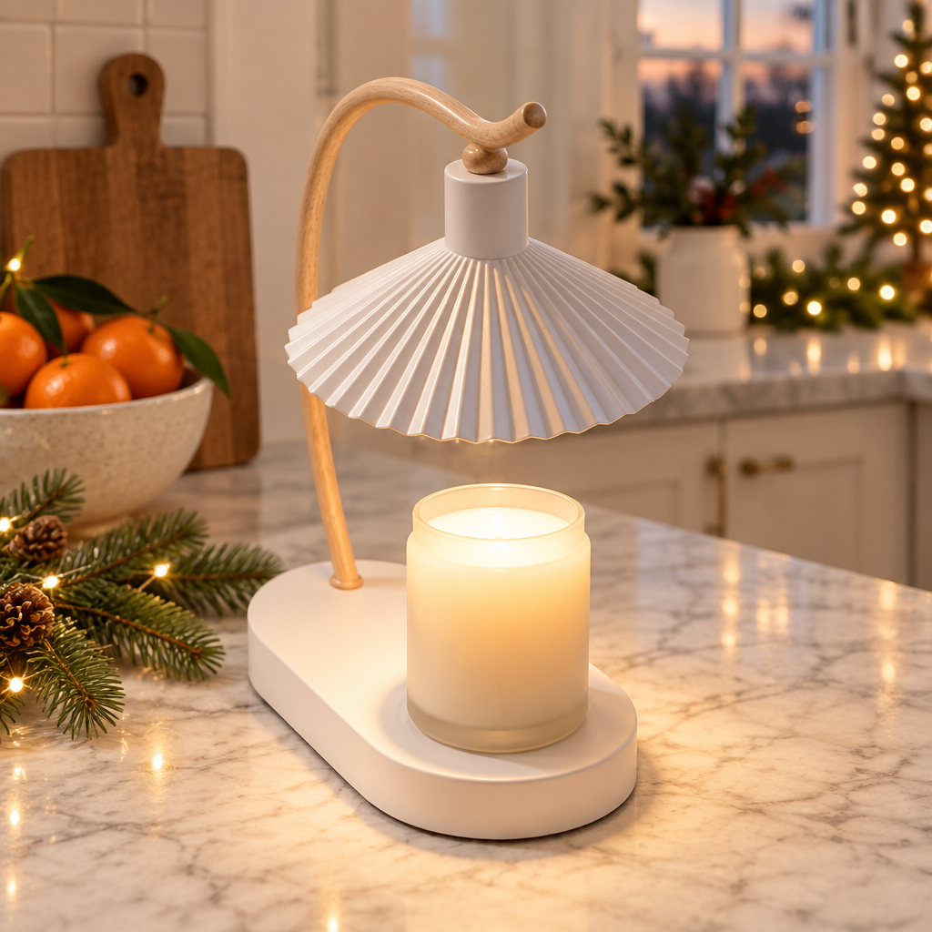 Ivory Maple candle warmer lamp on a kitchen counter at the holidays