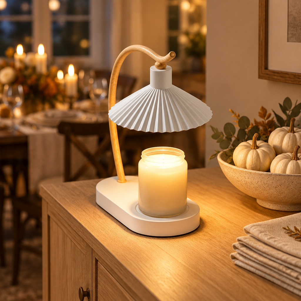 Ivory Maple candle warmer lamp on a dining sideboard at Thanksgiving