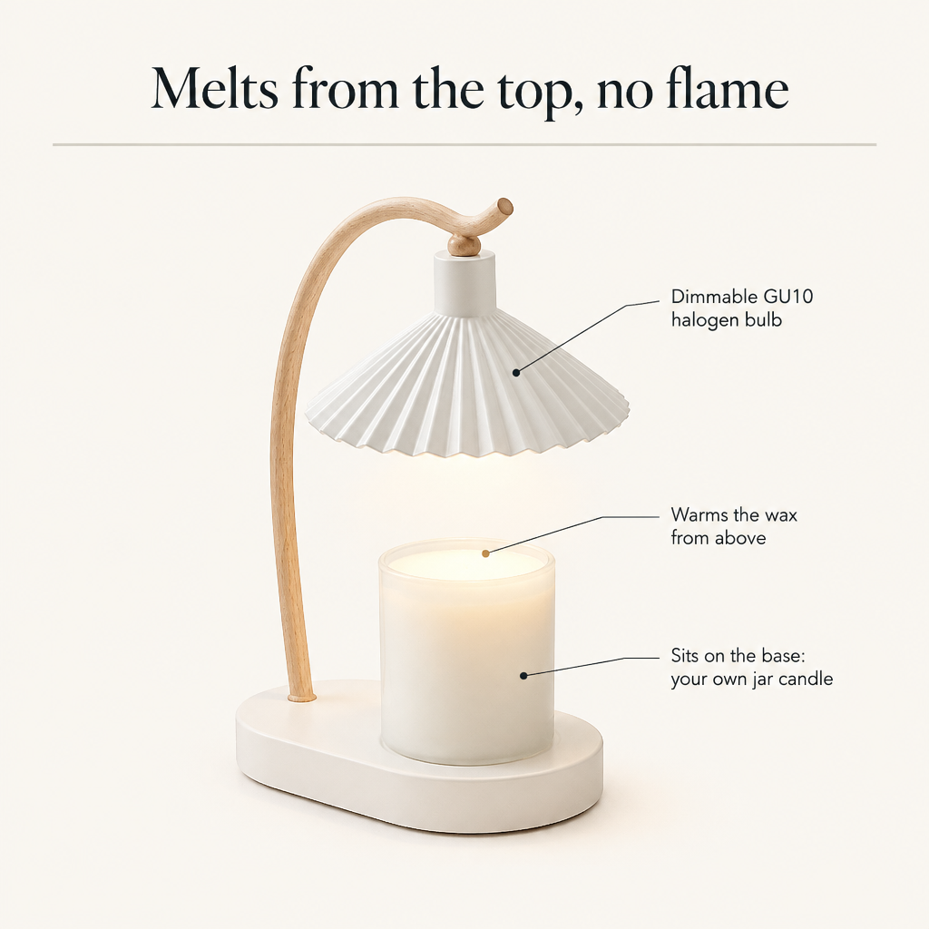 How the candle warmer lamp works: dimmable GU10 halogen bulb warms the wax from above