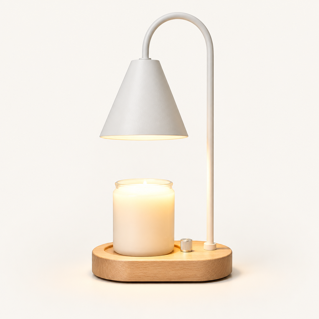 Luma Nordic candle warmer lamp, White Cone with light wood base