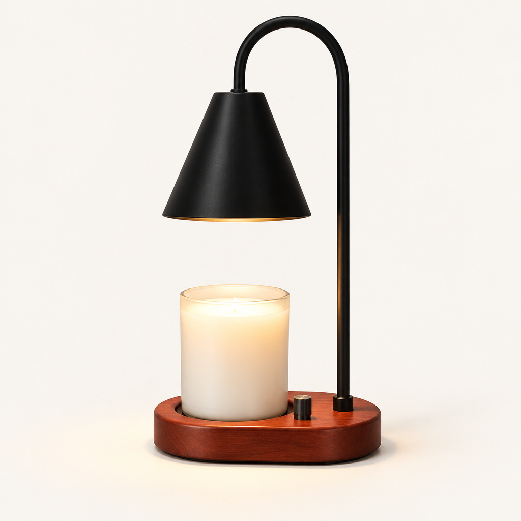 Luma Nordic candle warmer lamp, Black Cone with mahogany-tone base