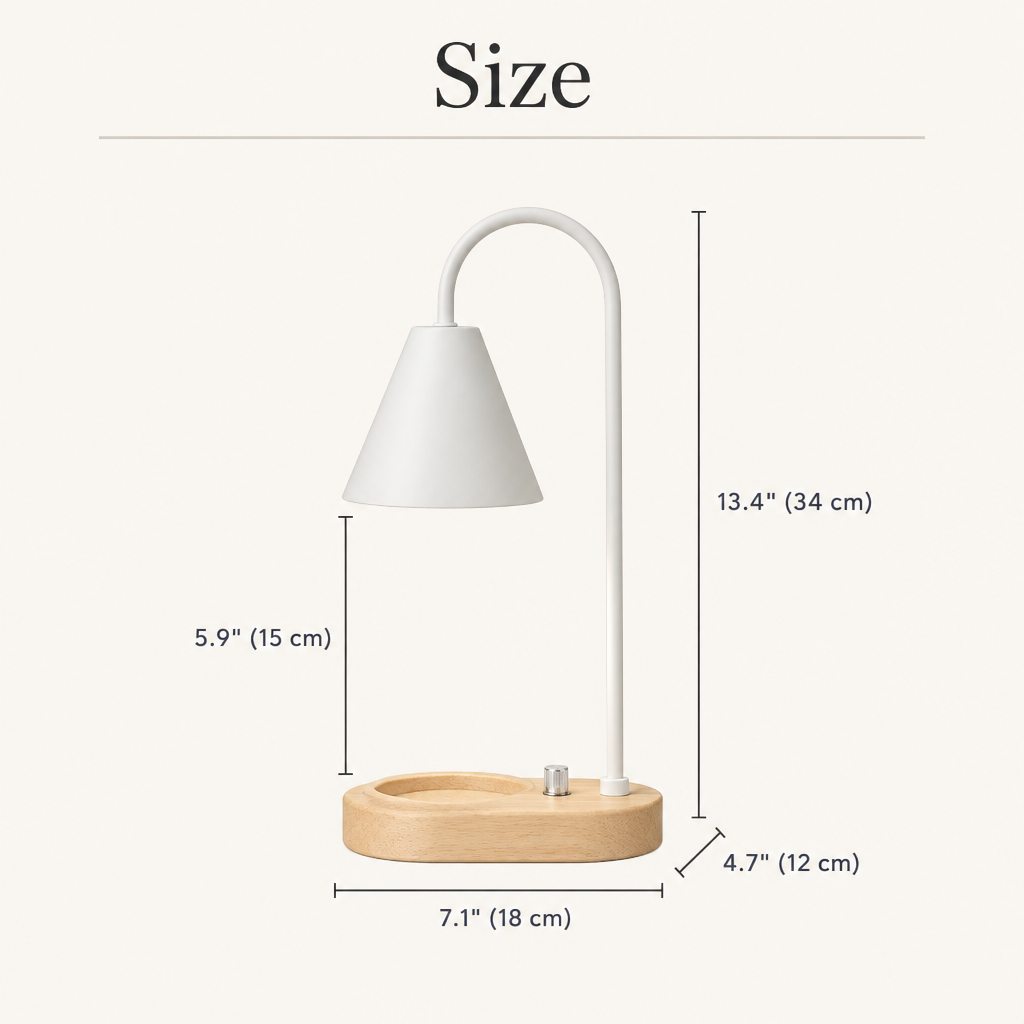 Candle warmer lamp size: 13.4 in tall, 5.9 in under the shade, base 7.1 x 4.7 in