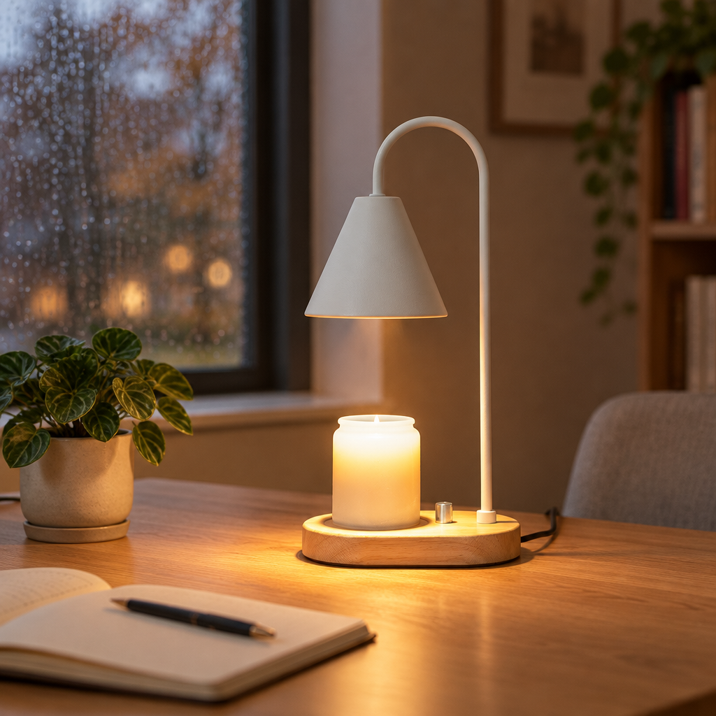 White Cone candle warmer lamp on a home office desk