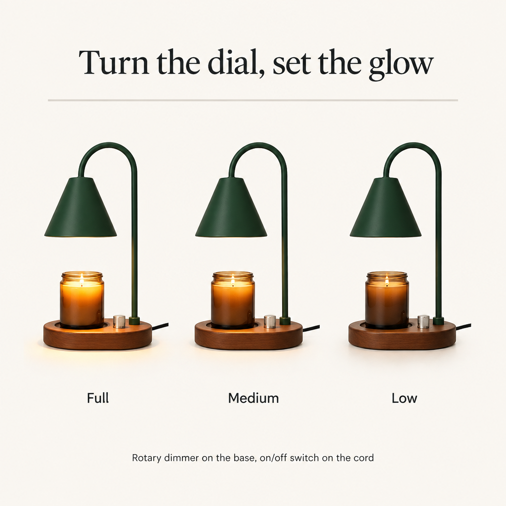Rotary dimmer on the base and on/off switch on the cord