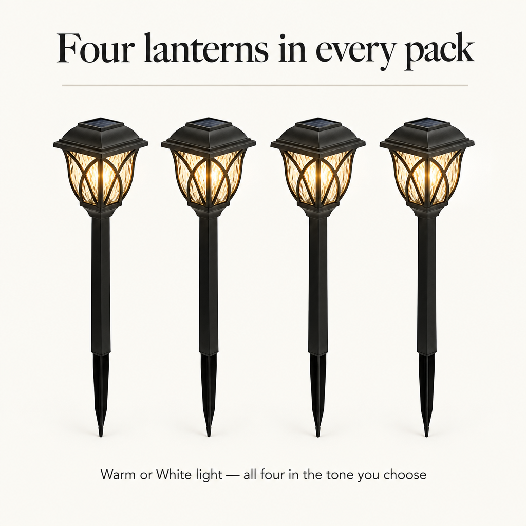 Four solar garden lanterns in every pack, all in the Warm or White tone you choose