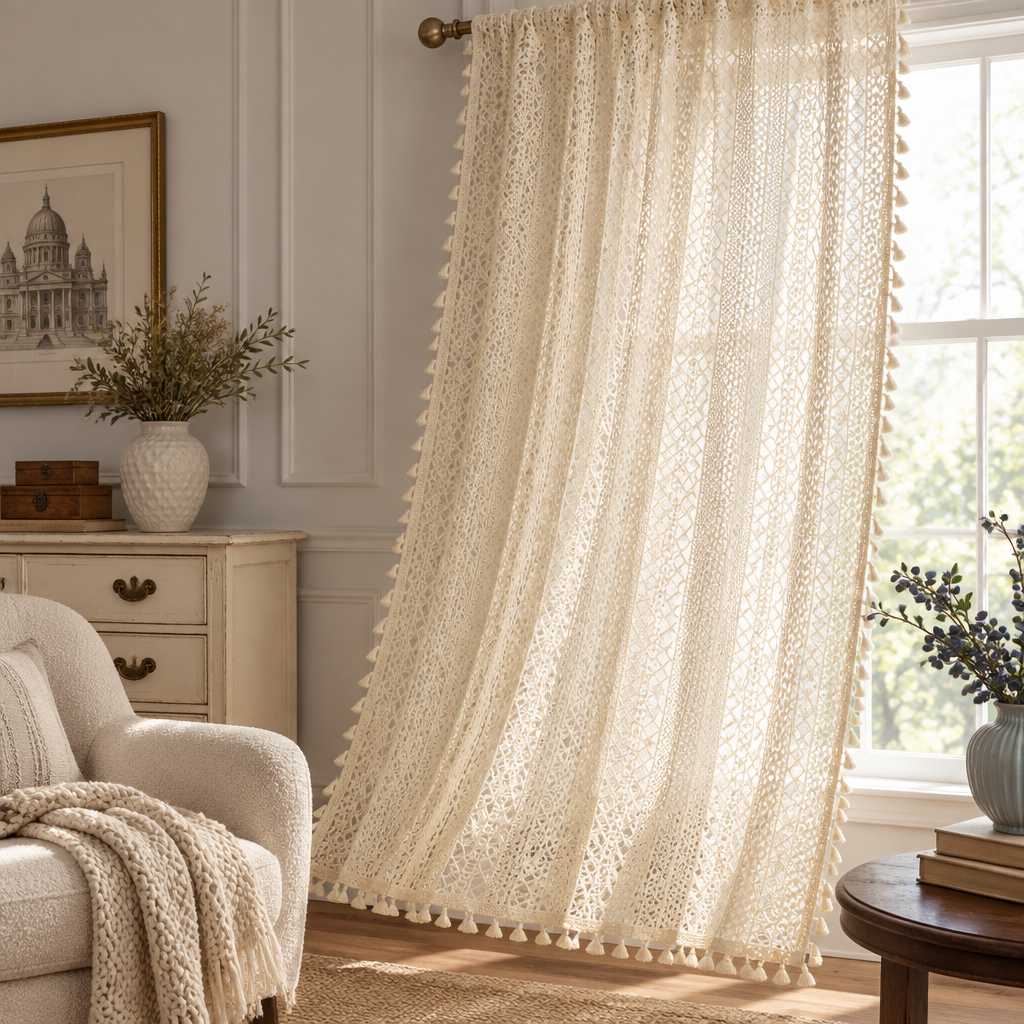 Chic Bohemian Crochet Curtain — cream crochet lace panel with tassel trim sweeping across a warm panelled living room