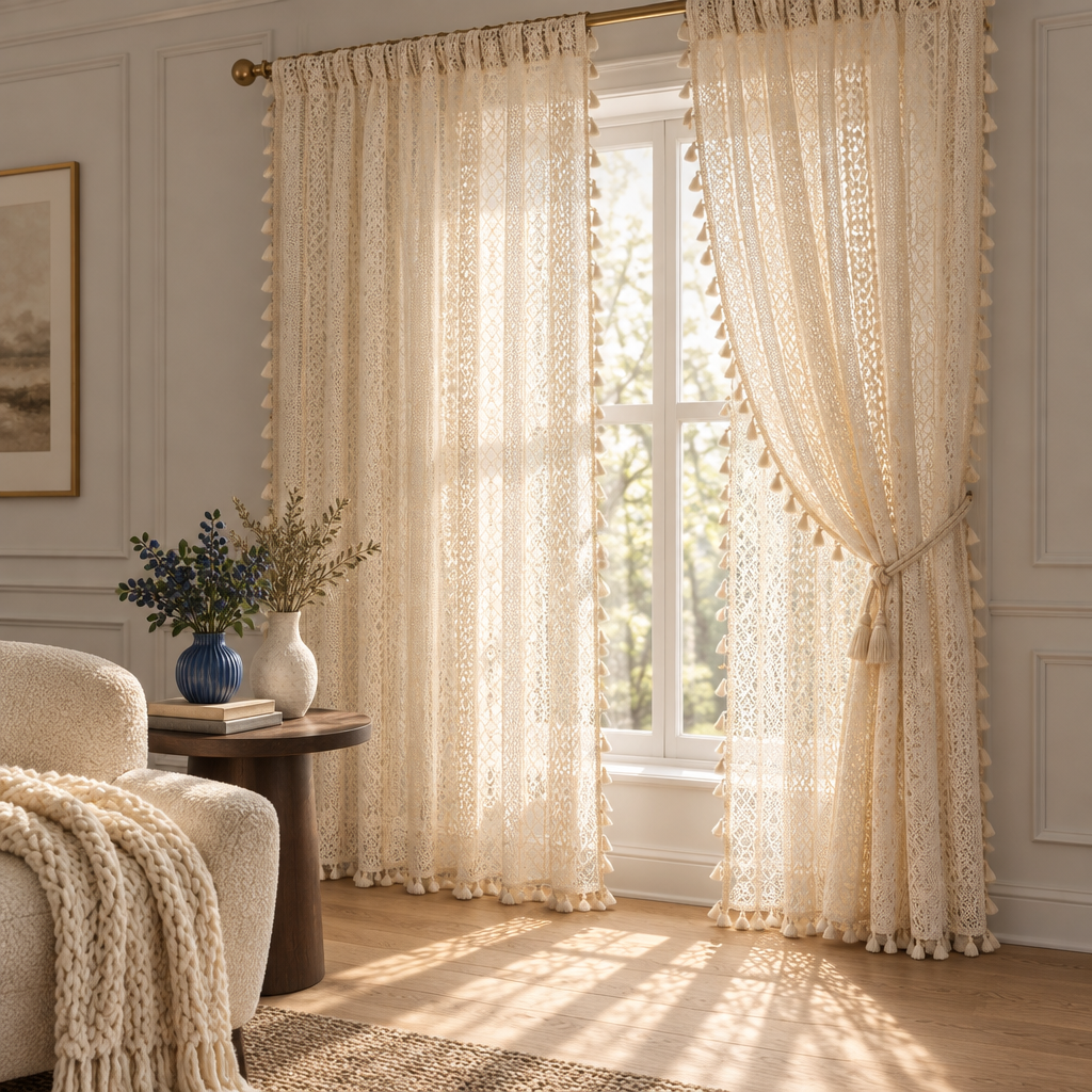 Chic Bohemian Crochet Curtain — pair of cream crochet panels, one tied back, filtering afternoon sun
