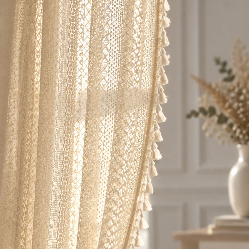 Chic Bohemian Crochet Curtain — backlit close-up of geometric crochet lace and cream tassels