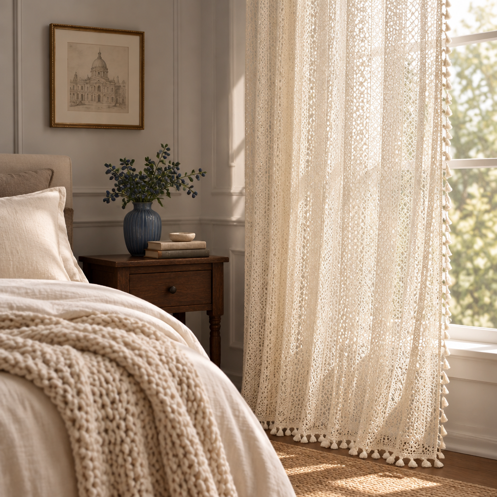 Chic Bohemian Crochet Curtain — cream crochet lace panel in a calm bedroom with morning light